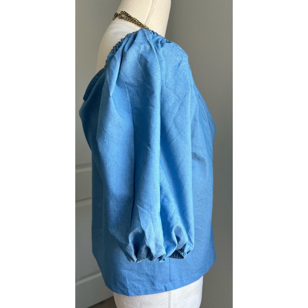 NEW Retro Off Shoulder Chambray Puff Sleeve Button Up Cotton Blend Blouse 2XL - Picture 6 of 7